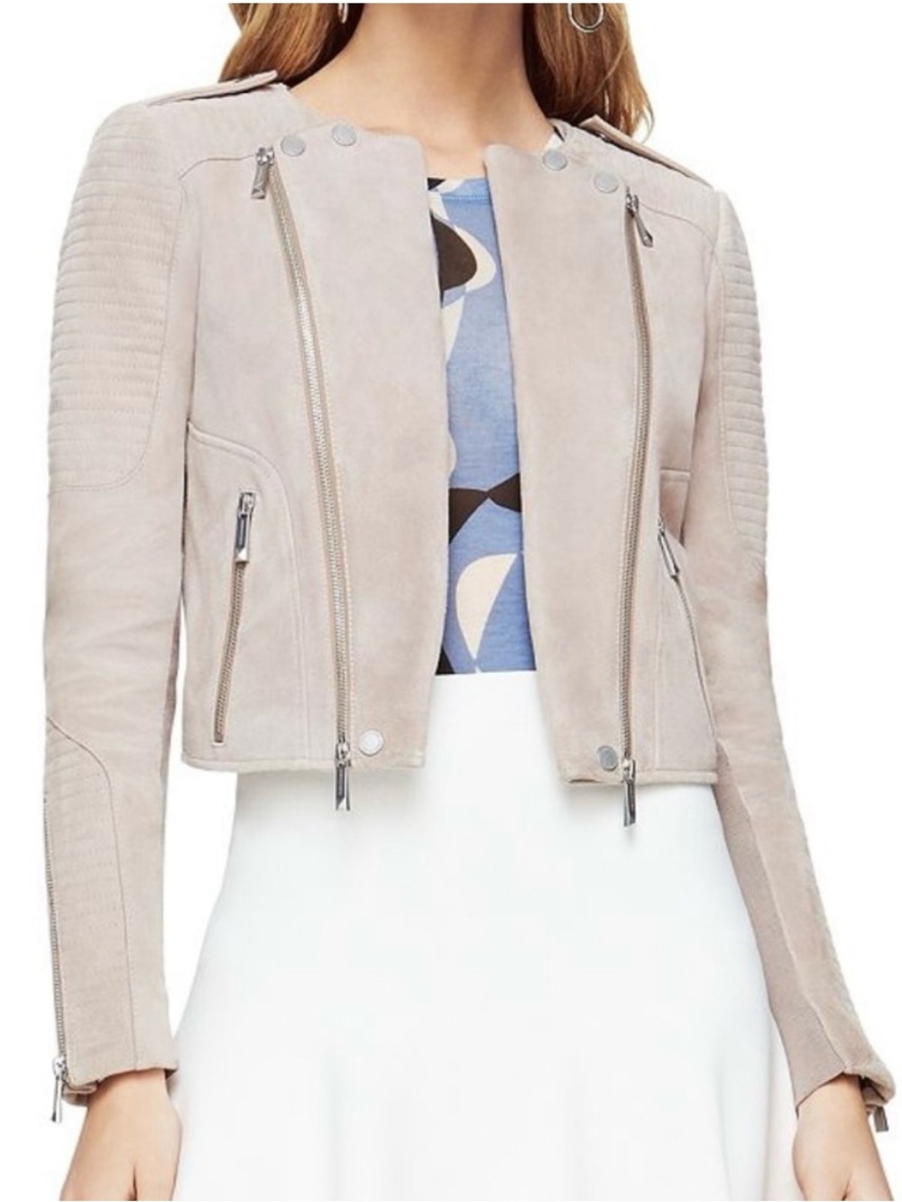 BCBGMaxAzria Beige Cropped Suede Moto Jacket